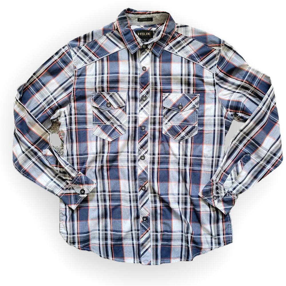 Helix Plaid Long Sleeve Pockets Athletic Fit Casual Button Up Shirt Men Sz L